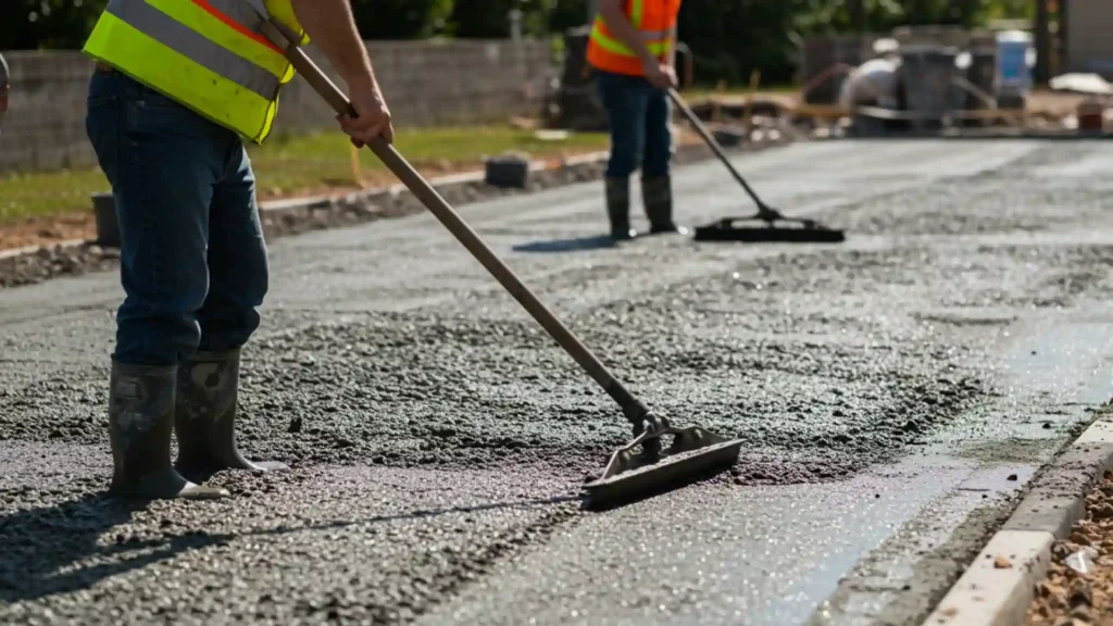 A concrete contractor pouring and smoothing fresh concrete for a new slab installation