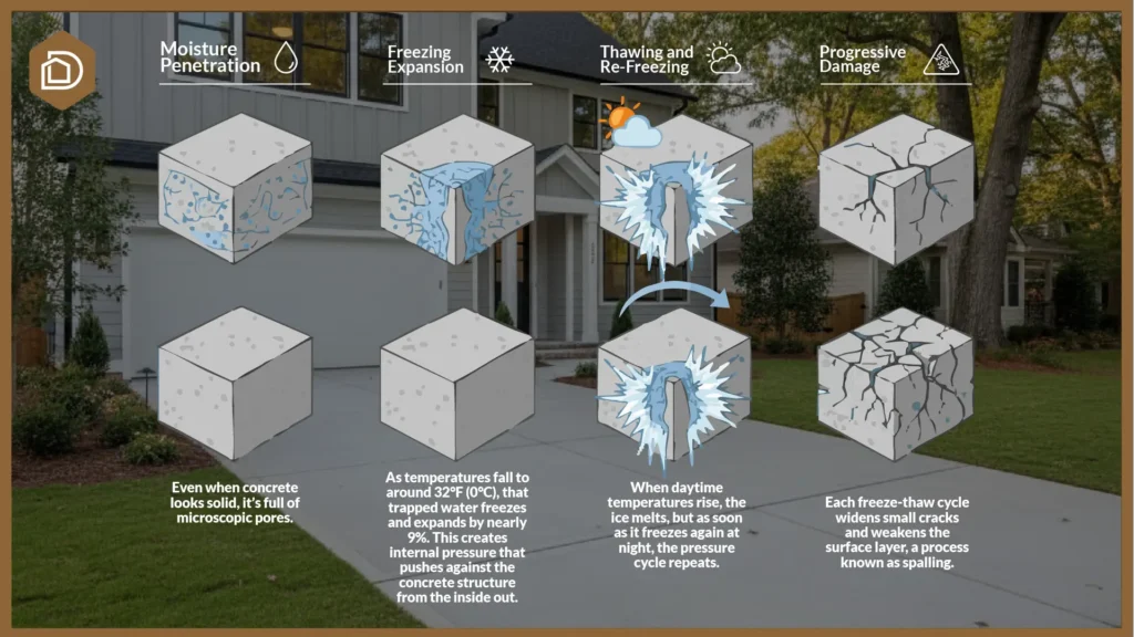 An infographic illustrating the common causes and progression of concrete driveway damage. It depicts a cross-section of concrete, showing how moisture seeps in, freezes and expands to create cracks, then thaws and refreezes, leading to progressive damage like spalling and potholes.