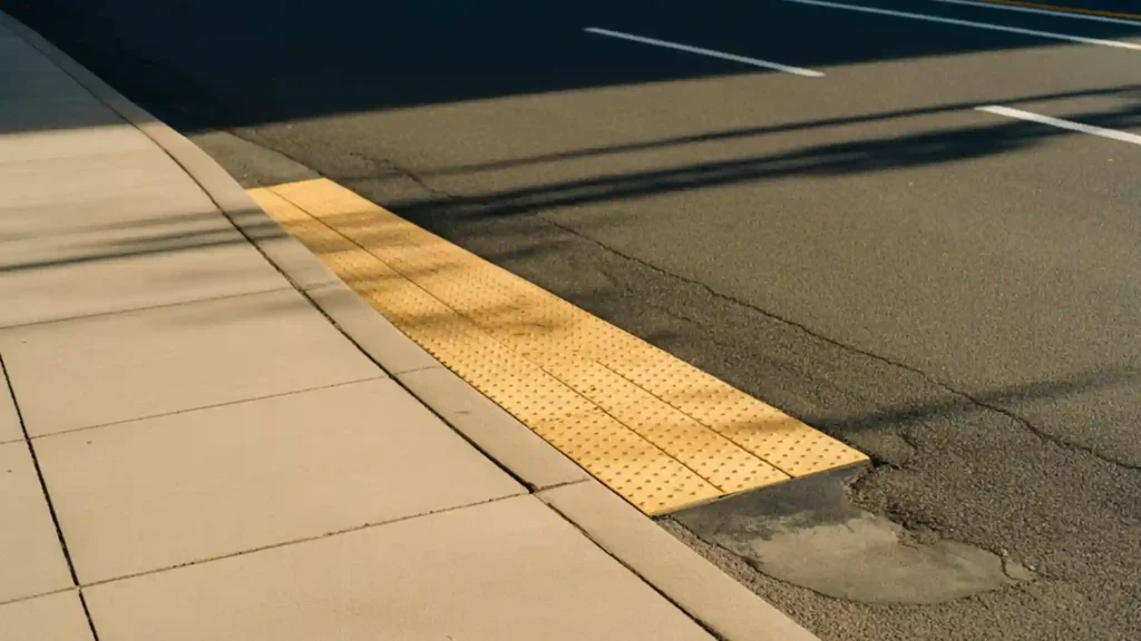 A yellow tactile warning surface at a curb ramp, providing a detectable cue for visually impaired pedestrians and a smooth transition for wheelchair users