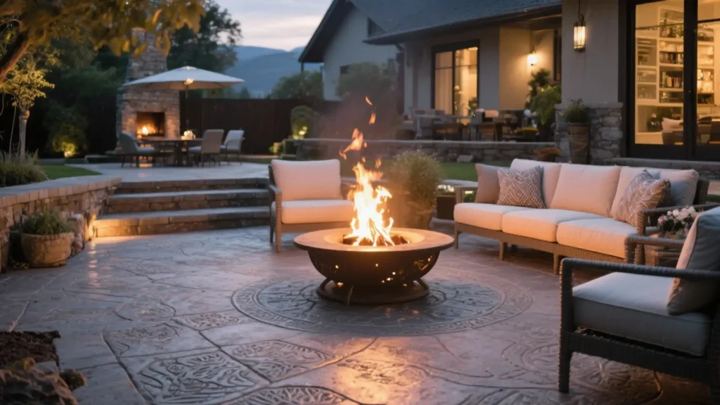 Concrete ideas for a luxury patio with a fireplace and BBQ