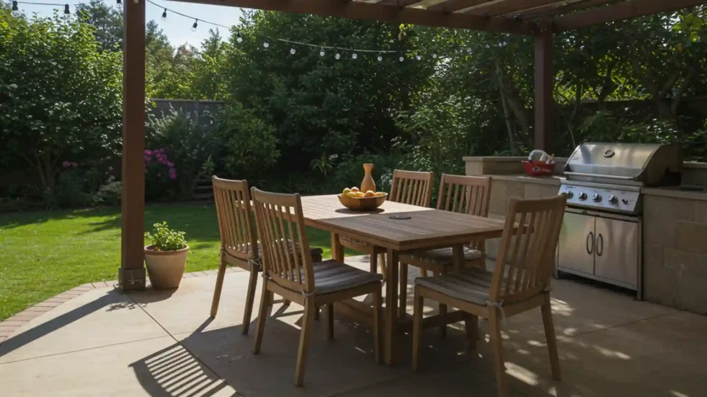 A stylish patio made from interlocking concrete patio pads, creating a modern and durable outdoor living space.