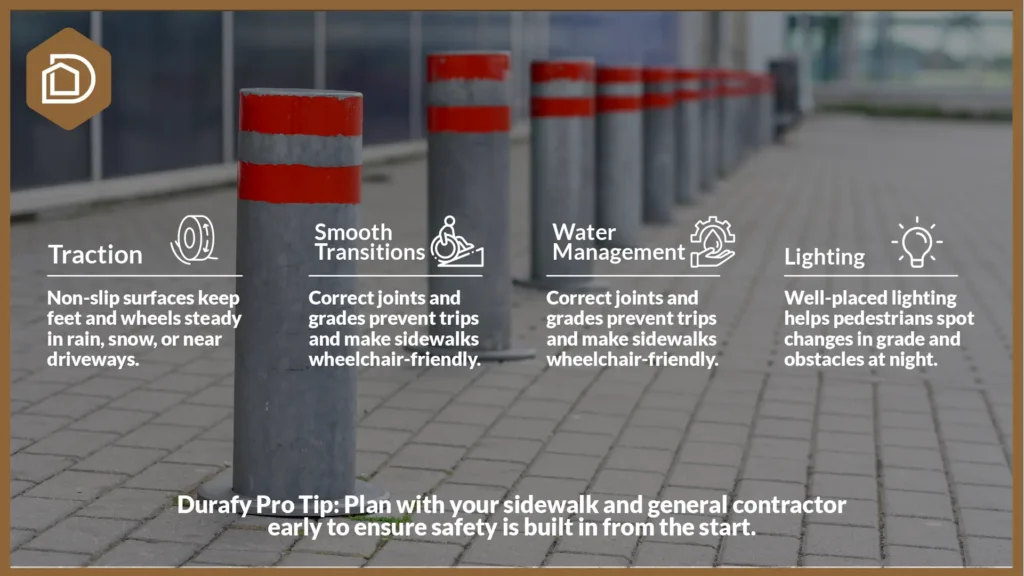 Infographic titled "4 Key Elements of an ADA-Compliant Sidewalk." It lists the following features: Slip-Resistant Traction, Smooth Transitions, Weather-Resistant Materials, and Proper Lighting.