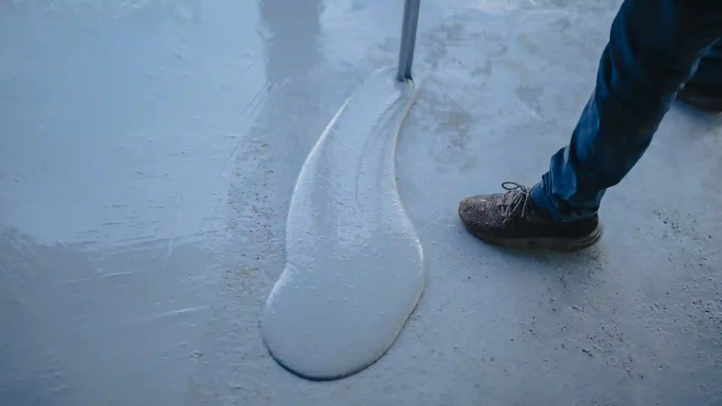 A concrete sealer being applied to a pad, showing the wet, glossy finish that protects against stains and weather.