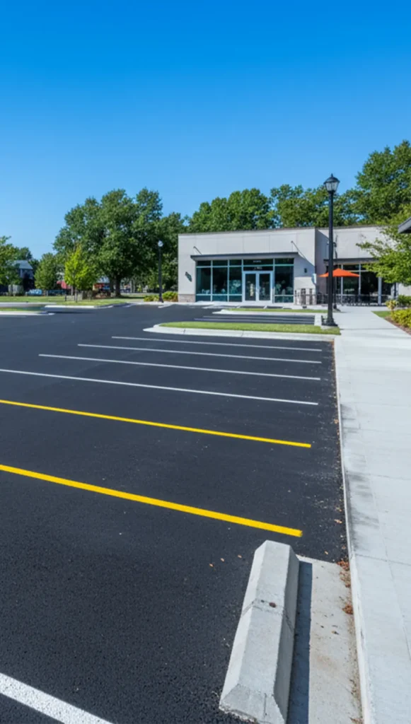 Concrete parking lot with yellow striping, adjacent modern building and landscaped area, emphasizing durability and safety in Charlotte.